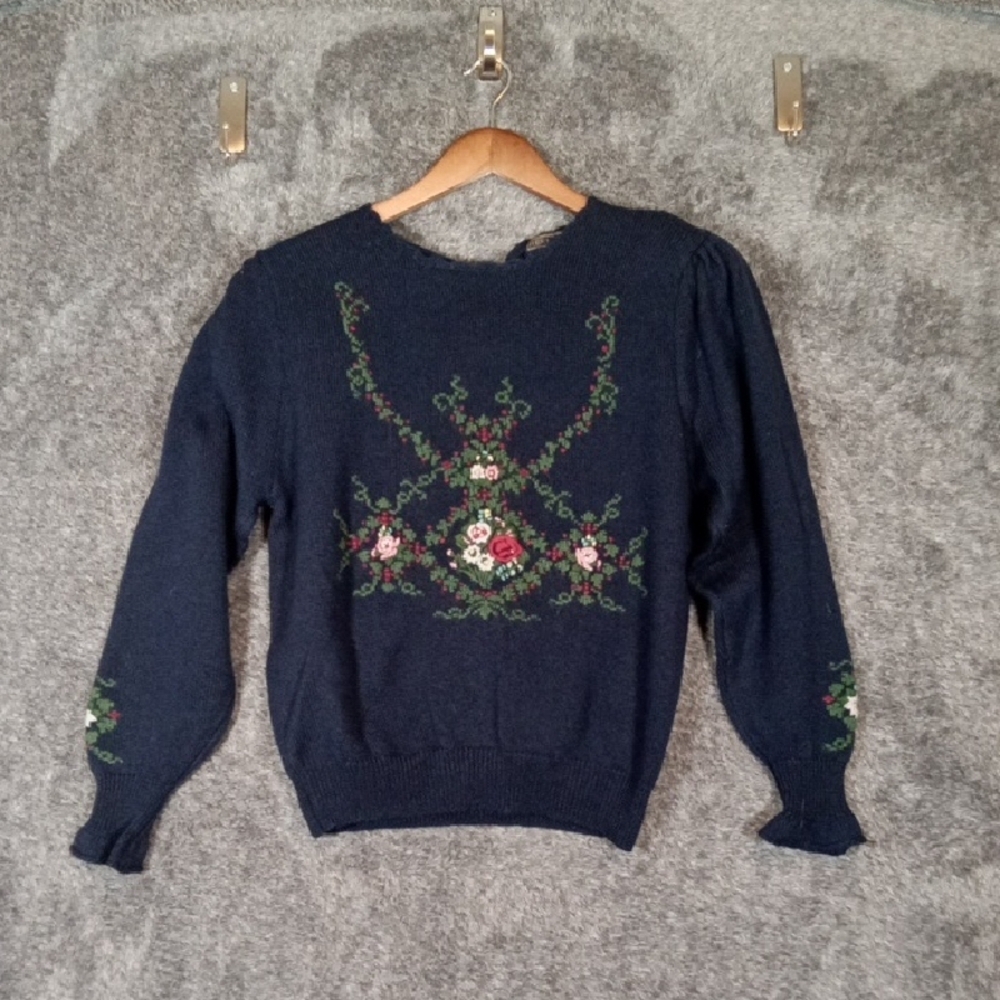 Herman Geist Hand Embroidered Worsted Wool Vintage Blue Sweater Large